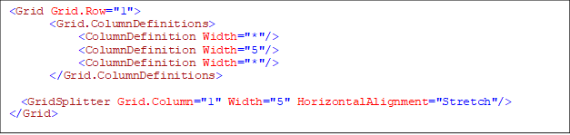 <Grid Grid.Row="1">
<Grid.ColumnDefinitions>
<ColumnDefinition Width="*"/>
<ColumnDefinition Width="5"/>
<ColumnDefinition Width="*"/>
</Grid.ColumnDefinitions>
<GridSplitter Grid.Column="1" Width="5" HorizontalAlignment="Stretch"/>
</Grid>