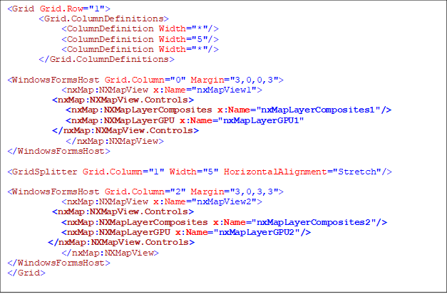 <Grid Grid.Row="1">
       <Grid.ColumnDefinitions>
            <ColumnDefinition Width="*"/>
            <ColumnDefinition Width="5"/>
            <ColumnDefinition Width="*"/>
       </Grid.ColumnDefinitions>

<WindowsFormsHost Grid.Column="0" Margin="3,0,0,3">
            <nxMap:NXMapView x:Name="nxMapView1">
<nxMap:NXMapView.Controls>
             <nxMap:NXMapLayerComposites x:Name="nxMapLayerComposites1"/>
             <nxMap:NXMapLayerGPU x:Name="nxMapLayerGPU1" 
          </nxMap:NXMapView.Controls>
</nxMap:NXMapView>
</WindowsFormsHost>

<GridSplitter Grid.Column="1" Width="5" HorizontalAlignment="Stretch"/>

<WindowsFormsHost Grid.Column="2" Margin="3,0,3,3">
            <nxMap:NXMapView x:Name="nxMapView2">   
<nxMap:NXMapView.Controls>
            <nxMap:NXMapLayerComposites x:Name="nxMapLayerComposites2"/>
            <nxMap:NXMapLayerGPU x:Name="nxMapLayerGPU2"/>
         </nxMap:NXMapView.Controls>               
            </nxMap:NXMapView>
</WindowsFormsHost>
</Grid>
