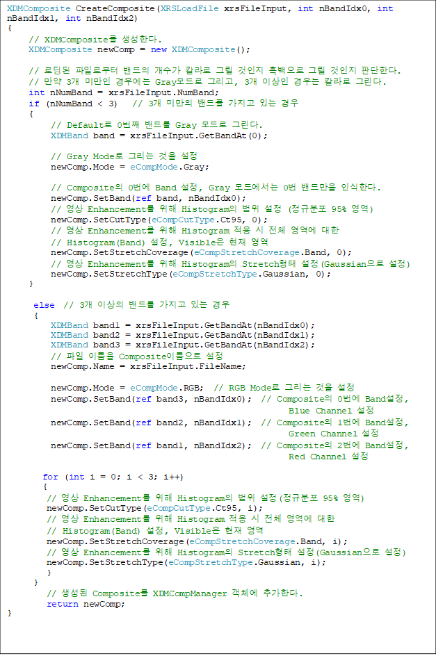 XDMComposite CreateComposite(XRSLoadFile xrsFileInput, int nBandIdx0, int nBandIdx1, int nBandIdx2)
{
     // XDMComposite Ѵ.
     XDMComposite newComp = new XDMComposite();

     // ε Ϸκ   Į ׸   ׸  ǴѴ.
     //  3 ̸ 쿡 Gray ׸, 3 ̻  Į ׸.
     int nNumBand = xrsFileInput.NumBand;
     if (nNumBand < 3)   // 3 ̸ 带  ִ 
     {
          // Default 0° 带 Gray  ׸.
          XDMBand band = xrsFileInput.GetBandAt(0);

          // Gray Mode ׸  
          newComp.Mode = eCompMode.Gray;

          // Composite 0 Band , Gray 忡 0 常 νѴ.
          newComp.SetBand(ref band, nBandIdx0);
          //  Enhancement  Histogram   (Ժ 95% )
          newComp.SetCutType(eCompCutType.Ct95, 0);
          //  Enhancement  Histogram   ü   
// Histogram(Band) , Visible  
          newComp.SetStretchCoverage(eCompStretchCoverage.Band, 0);
          //  Enhancement  Histogram Stretch (Gaussian )
          newComp.SetStretchType(eCompStretchType.Gaussian, 0);
     }

      else  // 3 ̻ 带  ִ 
      {
          XDMBand band1 = xrsFileInput.GetBandAt(nBandIdx0);
          XDMBand band2 = xrsFileInput.GetBandAt(nBandIdx1);
          XDMBand band3 = xrsFileInput.GetBandAt(nBandIdx2);
//  ̸ Composite̸ 
          newComp.Name = xrsFileInput.FileName;

          newComp.Mode = eCompMode.RGB;  // RGB Mode ׸  
          newComp.SetBand(ref band3, nBandIdx0);  // Composite 0 Band,
 Blue Channel 
          newComp.SetBand(ref band2, nBandIdx1);  // Composite 1 Band,                      
Green Channel 
          newComp.SetBand(ref band1, nBandIdx2);  // Composite 2 Band, 
Red Channel 

        for (int i = 0; i < 3; i++)
        {
         //  Enhancement  Histogram  (Ժ 95% )
         newComp.SetCutType(eCompCutType.Ct95, i);
         //  Enhancement  Histogram   ü   
// Histogram(Band) , Visible  
         newComp.SetStretchCoverage(eCompStretchCoverage.Band, i);
         //  Enhancement  Histogram Stretch (Gaussian )
         newComp.SetStretchType(eCompStretchType.Gaussian, i);
         }
      }
         //  Composite XDMCompManager ü ߰Ѵ.
         return newComp;
}
