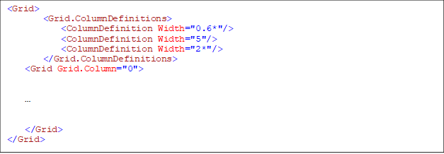 <Grid>
        <Grid.ColumnDefinitions>
            <ColumnDefinition Width="0.6*"/>
            <ColumnDefinition Width="5"/>
            <ColumnDefinition Width="2*"/>
        </Grid.ColumnDefinitions>
<Grid Grid.Column="0">





</Grid>
</Grid>

