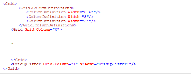 <Grid>
        <Grid.ColumnDefinitions>
            <ColumnDefinition Width="0.6*"/>
            <ColumnDefinition Width="5"/>
            <ColumnDefinition Width="2*"/>
        </Grid.ColumnDefinitions>
<Grid Grid.Column="0">






</Grid>
<GridSplitter Grid.Column="1" x:Name="GridSplitter1"/>
</Grid>

