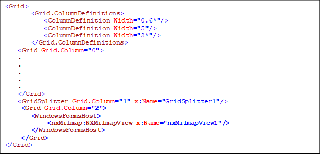 <Grid>
        <Grid.ColumnDefinitions>
            <ColumnDefinition Width="0.6*"/>
            <ColumnDefinition Width="5"/>
            <ColumnDefinition Width="2*"/>
        </Grid.ColumnDefinitions>
<Grid Grid.Column="0">
. 
.
.
. 
. 
</Grid>
<GridSplitter Grid.Column="1" x:Name="GridSplitter1"/>
<Grid Grid.Column="2">
        <WindowsFormsHost>
             <nxMilmap:NXMilmapView x:Name="nxMilmapView1"/>
        </WindowsFormsHost>
 </Grid>
</Grid>

