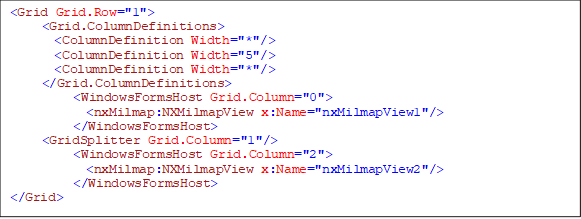 <Grid Grid.Row="1">
     <Grid.ColumnDefinitions>
       <ColumnDefinition Width="*"/>
       <ColumnDefinition Width="5"/>
       <ColumnDefinition Width="*"/>
     </Grid.ColumnDefinitions>
          <WindowsFormsHost Grid.Column="0">
            <nxMilmap:NXMilmapView x:Name="nxMilmapView1"/>
          </WindowsFormsHost>
     <GridSplitter Grid.Column="1"/>
          <WindowsFormsHost Grid.Column="2">
            <nxMilmap:NXMilmapView x:Name="nxMilmapView2"/>
          </WindowsFormsHost>
</Grid>
