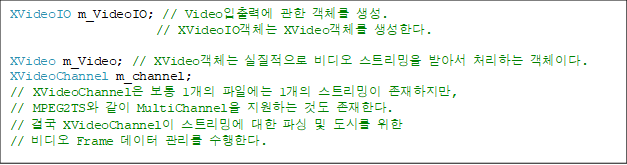 XVideoIO m_VideoIO; // Video¿  ü . 
// XVideoIOü XVideoü Ѵ.

XVideo m_Video; // XVideoü   Ʈ ޾Ƽ óϴ ü̴. 
XVideoChannel m_channel;  
// XVideoChannel  1 Ͽ 1 Ʈ , 
// MPEG2TS  MultiChannel ϴ ͵ Ѵ.
// ᱹ XVideoChannel Ʈֿ  Ľ  ø  
//  Frame   Ѵ.

