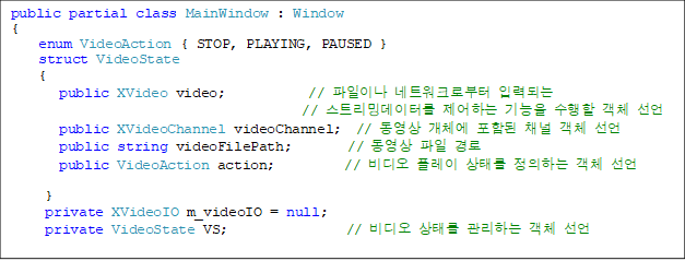 public partial class MainWindow : Window
{
    enum VideoAction { STOP, PLAYING, PAUSED }
    struct VideoState
    {
       public XVideo video;            // ̳ Ʈũκ ԷµǴ 
// Ʈֵ͸ ϴ   ü 
       public XVideoChannel videoChannel;  //  ü Ե ä ü 
       public string videoFilePath;        //   
       public VideoAction action;          //  ÷ ¸ ϴ ü  

     }
     private XVideoIO m_videoIO = null;
     private VideoState VS;                 //  ¸ ϴ ü 

