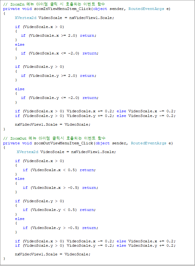 // ZoomIn ޴  Ŭ  ȣǴ ̺Ʈ Լ
private void zoomInViewMenuItem_Click(object sender, RoutedEventArgs e)
{
      XVertex2d VideoScale = nxVideoView1.Scale;

      if (VideoScale.x > 0)
      {
         if (VideoScale.x >= 2.0) return;
      }
      else
      {
         if (VideoScale.x <= -2.0) return;
      }

      if (VideoScale.y > 0)
      {
         if (VideoScale.y >= 2.0) return;
      }

      else
      {
         if (VideoScale.y <= -2.0) return;
      }

      if (VideoScale.x > 0) VideoScale.x += 0.2; else VideoScale.x -= 0.2;
      if (VideoScale.y > 0) VideoScale.y += 0.2; else VideoScale.y -= 0.2;

      nxVideoView1.Scale = VideoScale;
}

// ZoomOut ޴  Ŭ ȣǴ ̺Ʈ Լ
private void zoomOutViewMenuItem_Click(object sender, RoutedEventArgs e)
{
       XVertex2d VideoScale = nxVideoView1.Scale;

      if (VideoScale.x > 0)
      {
          if (VideoScale.x < 0.5) return;
      }
      else
      {
          if (VideoScale.x > -0.5) return;
      }

      if (VideoScale.y > 0)
      {
          if (VideoScale.y < 0.5) return;
      }
      else
      {
          if (VideoScale.y > -0.5) return;
      }

      if (VideoScale.x > 0) VideoScale.x -= 0.2; else VideoScale.x += 0.2;
      if (VideoScale.y > 0) VideoScale.y -= 0.2; else VideoScale.y += 0.2;

      nxVideoView1.Scale = VideoScale;
}
