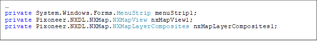 …
private System.Windows.Forms.MenuStrip menuStrip1;
private Pixoneer.NXDL.NXMap.NXMapView nxMapView1;
private Pixoneer.NXDL.NXMap.NXMapLayerComposites nxMapLayerComposites1;
