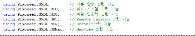 using Pixoneer.NXDL;        // 기본 함수 관련 기능
using Pixoneer.NXDL.NCC;    // 좌표 시스템 관련 기능
using Pixoneer.NXDL.NIO;    // 파일 입출력 관련 기능
using Pixoneer.NXDL.NRS;    // Remote Sensing 관련 기능
using Pixoneer.NXDL.NGR;    // Graphic관련 기능
using Pixoneer.NXDL.NXMap;  // MapView 관련 기능

