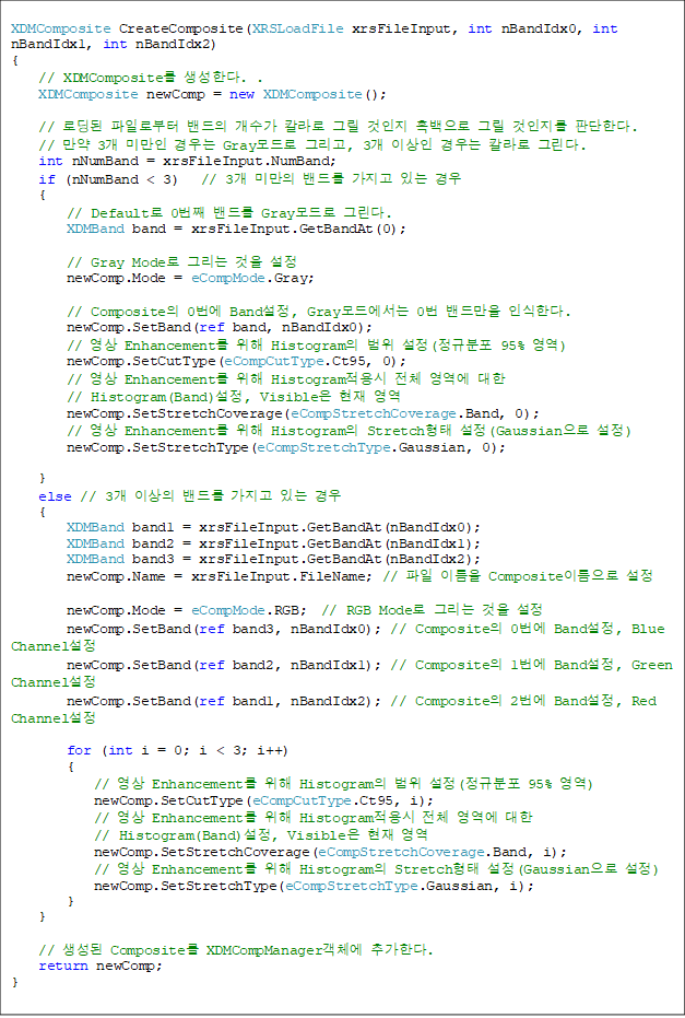 XDMComposite CreateComposite(XRSLoadFile xrsFileInput, int nBandIdx0, int nBandIdx1, int nBandIdx2)
{
    // XDMComposite Ѵ. .
    XDMComposite newComp = new XDMComposite();

    // ε Ϸκ   Į ׸   ׸  ǴѴ.
    //  3 ̸  Gray ׸, 3 ̻  Į ׸.
    int nNumBand = xrsFileInput.NumBand;
    if (nNumBand < 3)   // 3 ̸ 带  ִ 
    {
        // Default 0° 带 Gray ׸. 
        XDMBand band = xrsFileInput.GetBandAt(0);

        // Gray Mode ׸  
        newComp.Mode = eCompMode.Gray;

        // Composite 0 Band, Gray忡 0 常 νѴ. 
        newComp.SetBand(ref band, nBandIdx0);
        //  Enhancement  Histogram  (Ժ 95% )
        newComp.SetCutType(eCompCutType.Ct95, 0);
        //  Enhancement  Histogram ü   
// Histogram(Band), Visible  
        newComp.SetStretchCoverage(eCompStretchCoverage.Band, 0);
        //  Enhancement  Histogram Stretch (Gaussian )
        newComp.SetStretchType(eCompStretchType.Gaussian, 0);

    }
    else // 3 ̻ 带  ִ  
    {
        XDMBand band1 = xrsFileInput.GetBandAt(nBandIdx0);
        XDMBand band2 = xrsFileInput.GetBandAt(nBandIdx1);
        XDMBand band3 = xrsFileInput.GetBandAt(nBandIdx2);
        newComp.Name = xrsFileInput.FileName; //  ̸ Composite̸ 

        newComp.Mode = eCompMode.RGB;  // RGB Mode ׸  
        newComp.SetBand(ref band3, nBandIdx0); // Composite 0 Band, Blue Channel 
        newComp.SetBand(ref band2, nBandIdx1); // Composite 1 Band, Green Channel
        newComp.SetBand(ref band1, nBandIdx2); // Composite 2 Band, Red Channel

        for (int i = 0; i < 3; i++)
        {
            //  Enhancement  Histogram  (Ժ 95% )
            newComp.SetCutType(eCompCutType.Ct95, i);
            //  Enhancement  Histogram ü   
// Histogram(Band), Visible  
            newComp.SetStretchCoverage(eCompStretchCoverage.Band, i);
            //  Enhancement  Histogram Stretch (Gaussian )
            newComp.SetStretchType(eCompStretchType.Gaussian, i);
        }
    }

    //  Composite XDMCompManagerü ߰Ѵ.        
    return newComp;
}

