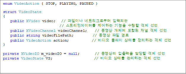 enum VideoAction { STOP, PLAYING, PAUSED }

struct VideoState
{
    public XVideo video;   // ̳ Ʈũκ ԷµǴ 
// Ʈֵ͸ ϴ   ü 
    public XVideoChannel videoChannel;    //  ü Ե ä ü 
    public string videoFilePath;          //    
public VideoAction action;            //  ÷ ¸ ϴ ü 
}

private XVideoIO m_videoIO = null;        //    ü 
private VideoState VS;                      //  ¸ ϴ ü 


