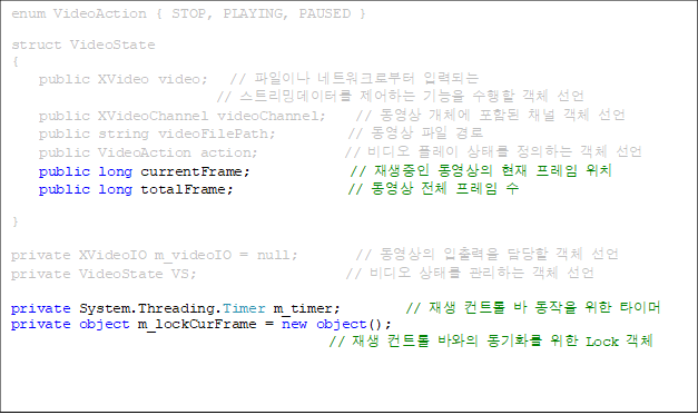 enum VideoAction { STOP, PLAYING, PAUSED }

struct VideoState
{
    public XVideo video;   // ̳ Ʈũκ ԷµǴ
// Ʈֵ͸ ϴ   ü 
    public XVideoChannel videoChannel;    //  ü Ե ä ü 
    public string videoFilePath;          //    
public VideoAction action;            //  ÷ ¸ ϴ ü 
public long currentFrame;              //     ġ
    public long totalFrame;                //  ü    

}

private XVideoIO m_videoIO = null;        //    ü 
private VideoState VS;                     //  ¸ ϴ ü 

private System.Threading.Timer m_timer;         //  Ʈ    Ÿ̸
private object m_lockCurFrame = new object();   
//  Ʈ ٿ ȭ  Lock ü



