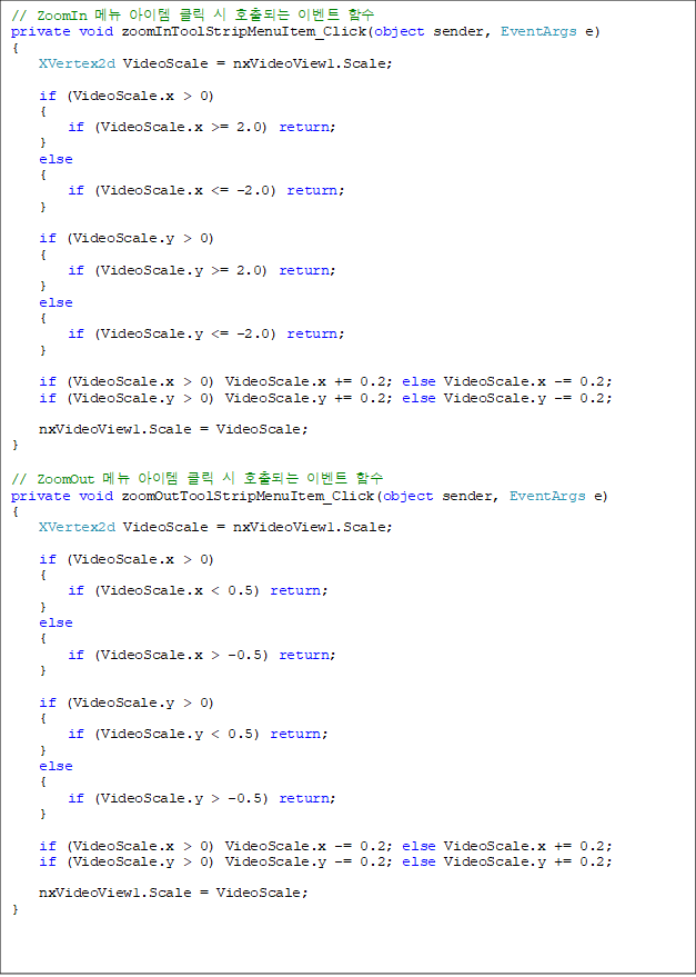 // ZoomIn ޴  Ŭ  ȣǴ ̺Ʈ Լ
private void zoomInToolStripMenuItem_Click(object sender, EventArgs e)
{
    XVertex2d VideoScale = nxVideoView1.Scale;

    if (VideoScale.x > 0)
    {
        if (VideoScale.x >= 2.0) return;
    }
    else
    {
        if (VideoScale.x <= -2.0) return;
    }

    if (VideoScale.y > 0)
    {
        if (VideoScale.y >= 2.0) return;
    }
    else
    {
        if (VideoScale.y <= -2.0) return;
    }

    if (VideoScale.x > 0) VideoScale.x += 0.2; else VideoScale.x -= 0.2;
    if (VideoScale.y > 0) VideoScale.y += 0.2; else VideoScale.y -= 0.2;

    nxVideoView1.Scale = VideoScale;
}

// ZoomOut ޴  Ŭ  ȣǴ ̺Ʈ Լ
private void zoomOutToolStripMenuItem_Click(object sender, EventArgs e)
{
    XVertex2d VideoScale = nxVideoView1.Scale;

    if (VideoScale.x > 0)
    {
        if (VideoScale.x < 0.5) return;
    }
    else
    {
        if (VideoScale.x > -0.5) return;
    }

    if (VideoScale.y > 0)
    {
        if (VideoScale.y < 0.5) return;
    }
    else
    {
        if (VideoScale.y > -0.5) return;
    }

    if (VideoScale.x > 0) VideoScale.x -= 0.2; else VideoScale.x += 0.2;
    if (VideoScale.y > 0) VideoScale.y -= 0.2; else VideoScale.y += 0.2;

    nxVideoView1.Scale = VideoScale;
}



